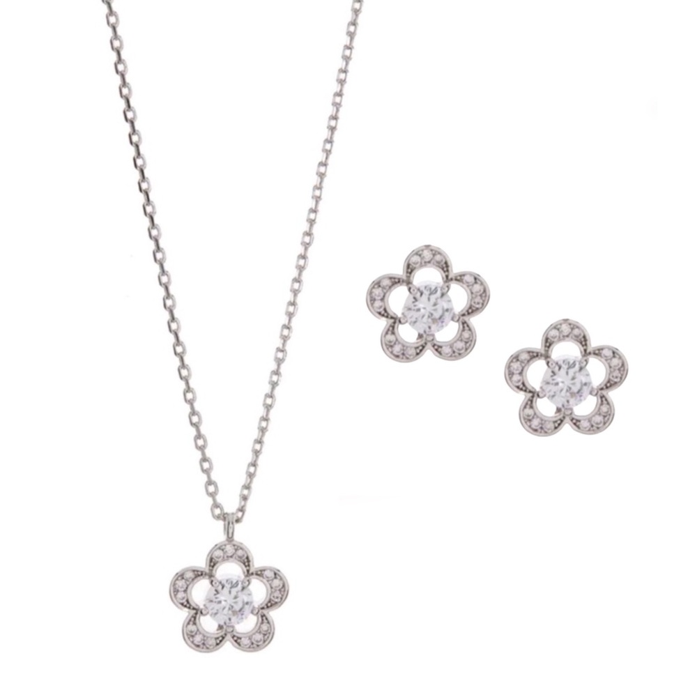 🆕 KATE SPADE • Silver Stencil Scalloped Crystal Earrings Necklace Matching Set
